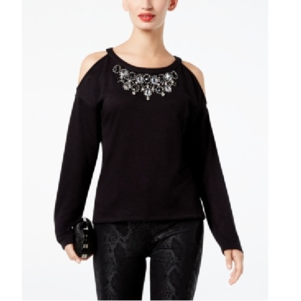 INC Black Embellished Cold Shoulder Top